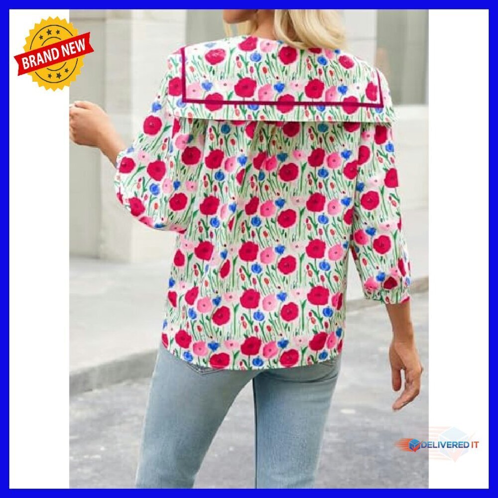 Floral Button Down Blouse 3/4 Sleeve Square Neck Collared Top - Picture 8 of 8